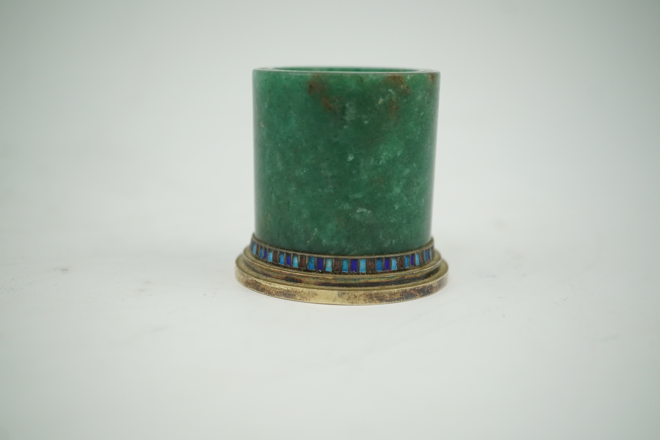 A gilt white metal and enamel mounted nephrite small vase, stamped 'silver', height 44mm. Condition - fair to good